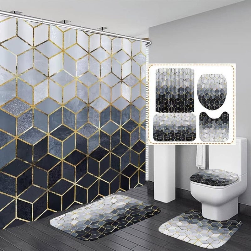 LQCOOL 4Pcs Blue Gradient Shower Curtain Set Modern Geometric Shower Curtain Set Golden Cubic Lines Bathroom Set (Blue)… - Image 2